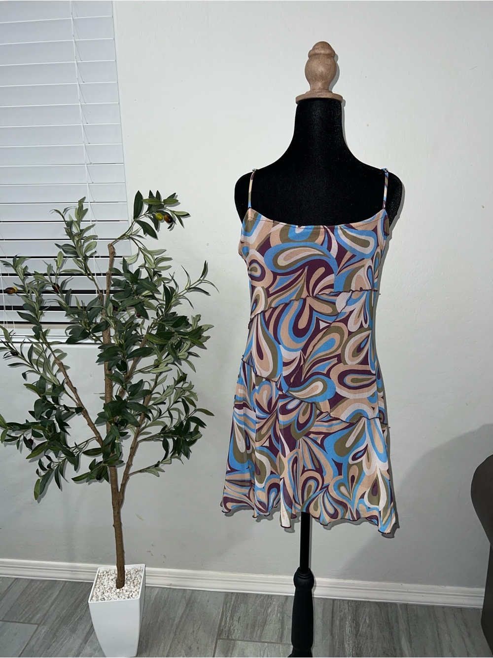 Urban Outfitters Mauve & Sky Blue Swirl mesh mini dress